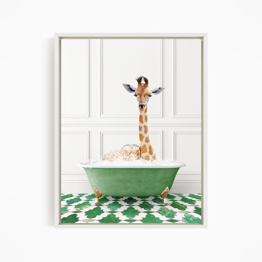 A giraffe is sitting in a green bathtub filled with bubbles, creating a whimsical and playful scene.