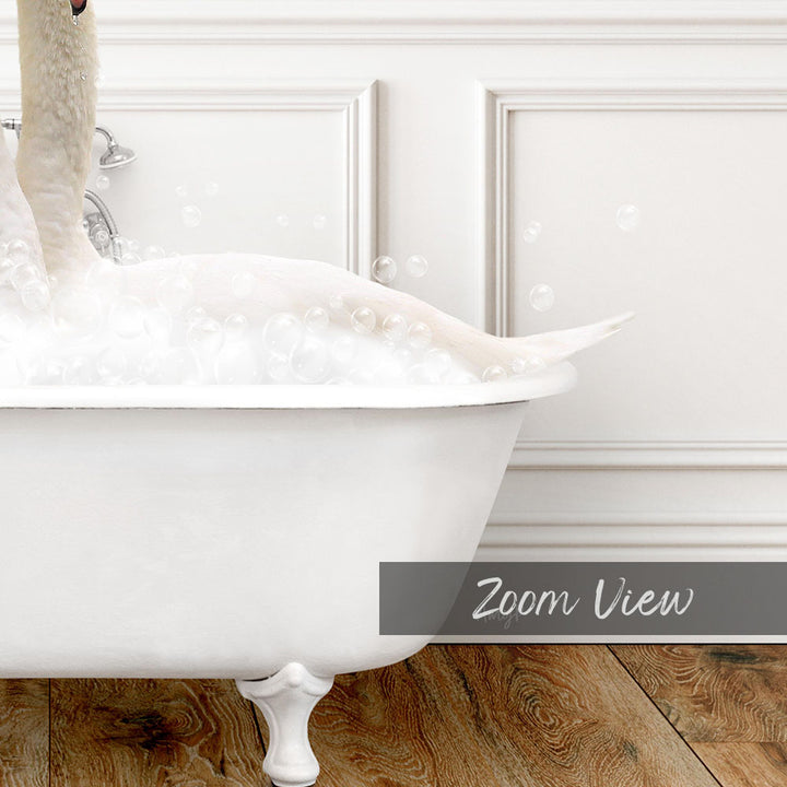 A white bathtub filled with bubbles, with a swan-like creature standing in it.