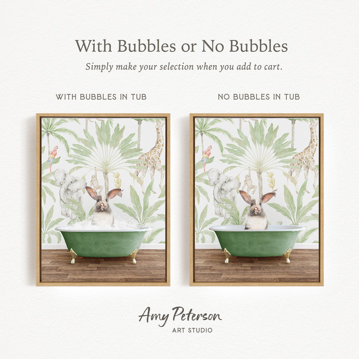 The image is a collage of two framed pictures, each depicting a scene with a bathtub and animals, such as a rabbit and a giraffe. The text above the images reads "With Bubbles or No Bubbles Simply make your selection when you add to cart." The text below the images says "WITH BUBBLES IN TUB" and "NO BUBBLES IN TUB," indicating the presence or absence of bubbles in the bathtub.