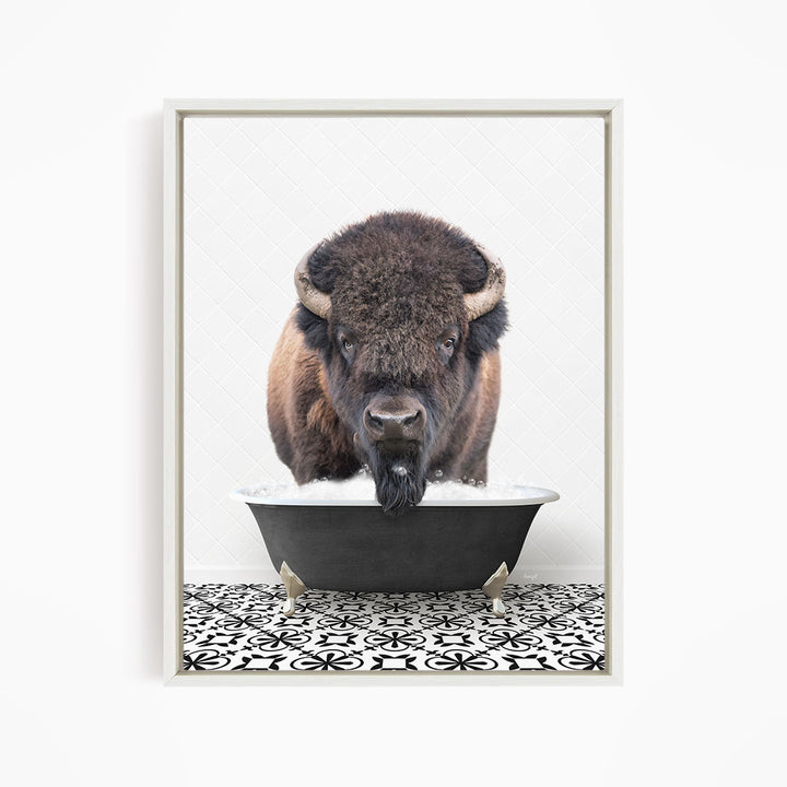 A buffalo with a long, shaggy mane is standing in a bathtub filled with water, creating a playful and whimsical scene.