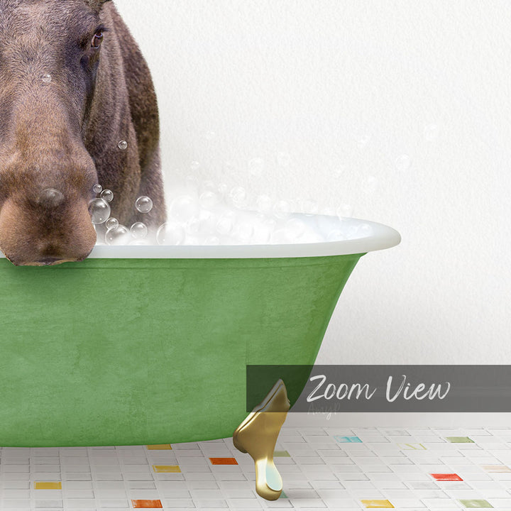 A dog is standing in a green bathtub filled with bubbles, with a text overlay that reads "Zoom View".