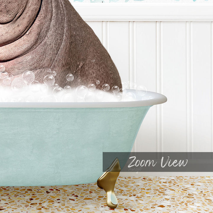 A bathtub filled with bubbles, with a large, curled-up animal, possibly a hippopotamus, partially submerged in the water.