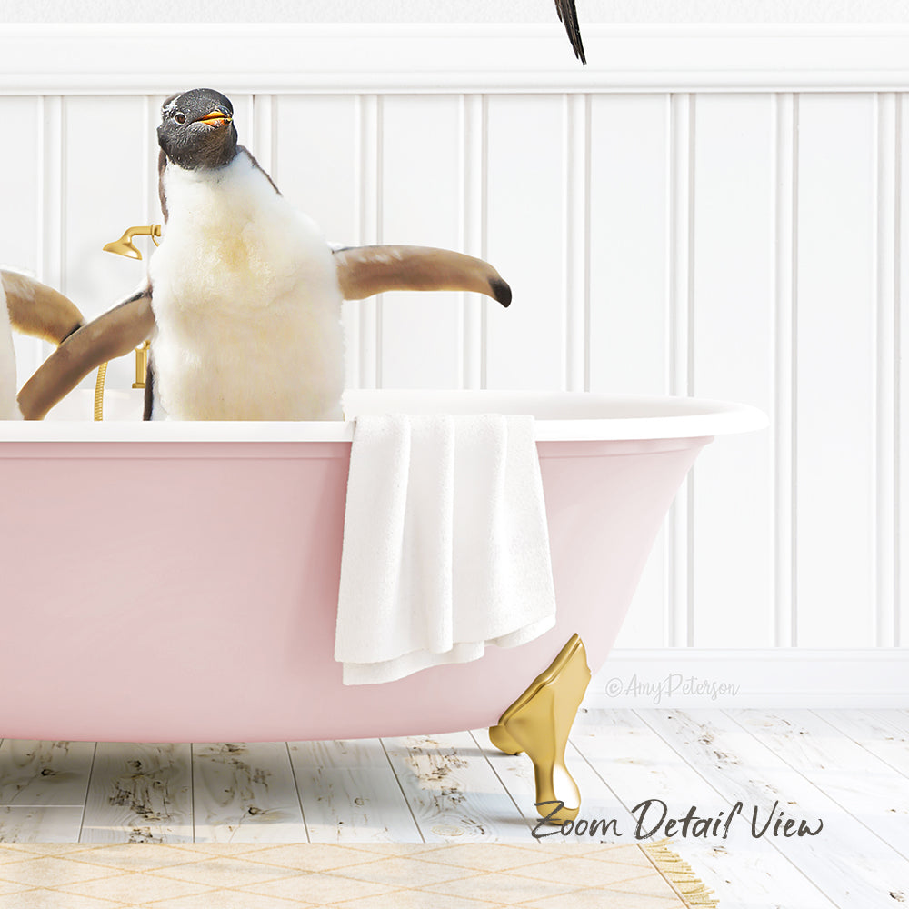 A penguin sitting in a pink bathtub, with a towel and gold bathtub stopper nearby.