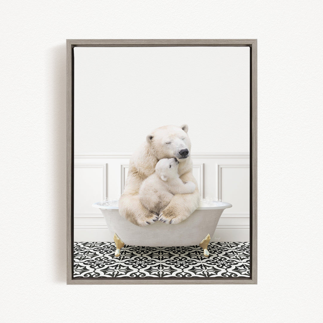 A polar bear sitting in a bathtub, with its cub resting on its lap, in a cozy and warm setting.
