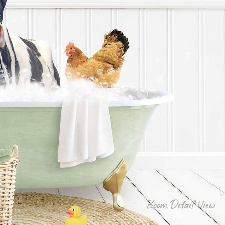 A chicken is sitting in a bathtub filled with bubbles, surrounded by a yellow rubber duck and a white towel.