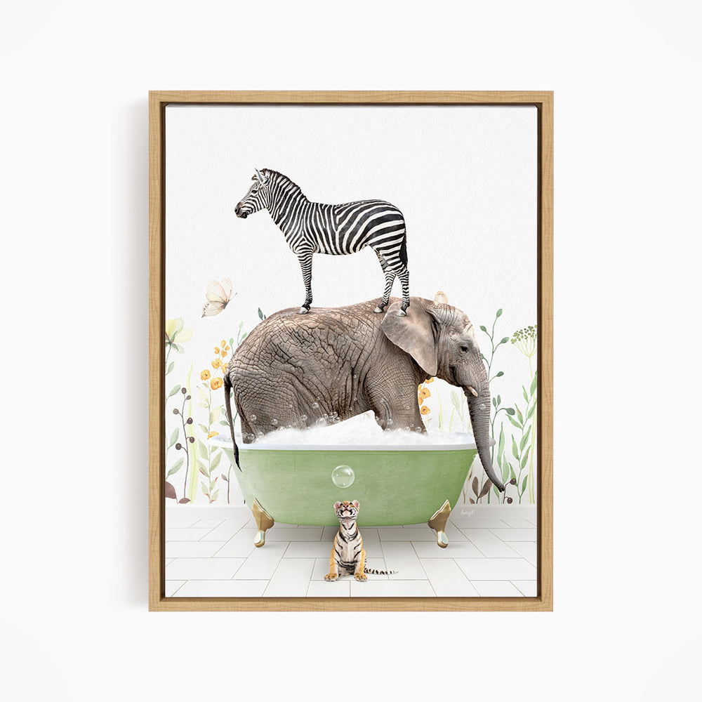 A zebra stands on the back of an elephant, which is submerged in a green bathtub, with a tiger sitting on the edge of the tub.