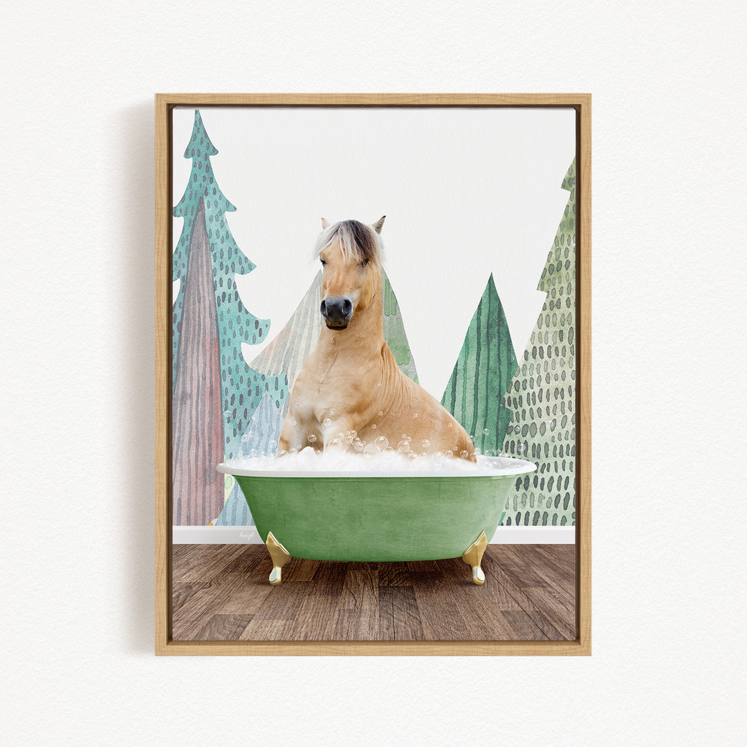 A light brown horse is sitting in a green bathtub filled with bubbles, surrounded by a forest-themed background.