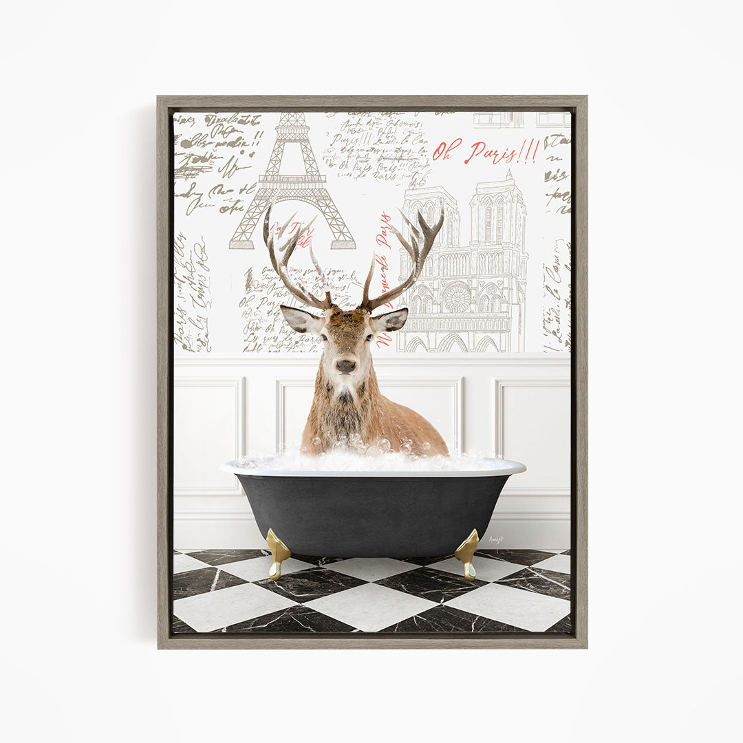 A deer with antlers is sitting in a bathtub filled with water, surrounded by a checkered floor and a wall with the Eiffel Tower and other Parisian landmarks.