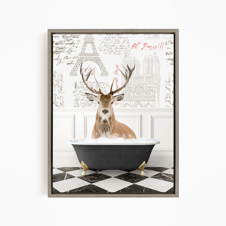 A deer with antlers is sitting in a bathtub filled with water, surrounded by a checkered floor and a wall with the Eiffel Tower and other Parisian landmarks.