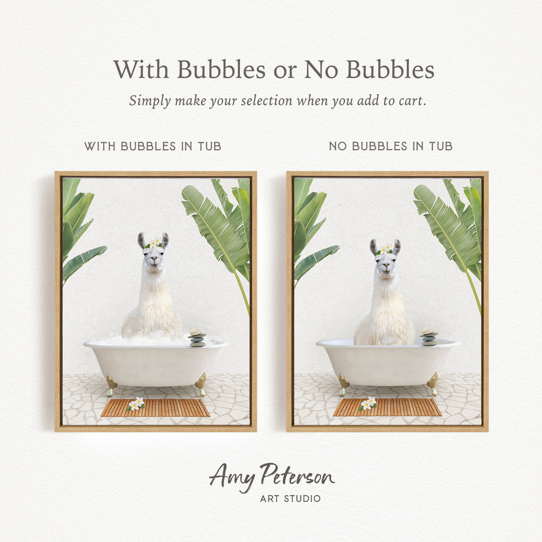 The image is a collage of two framed pictures, each featuring a white llama sitting in a bathtub. The llama is surrounded by tropical plants, creating a serene and relaxing atmosphere. The text above the images reads "With Bubbles or No Bubbles" and "Simply make your selection when you add to cart."
