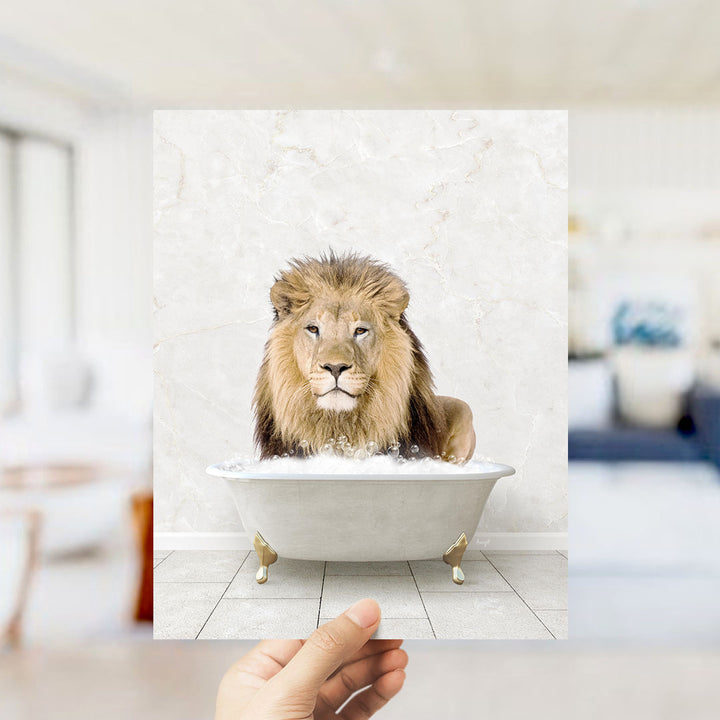 A lion sitting in a bathtub filled with water, with a blurred background suggesting a living room setting.