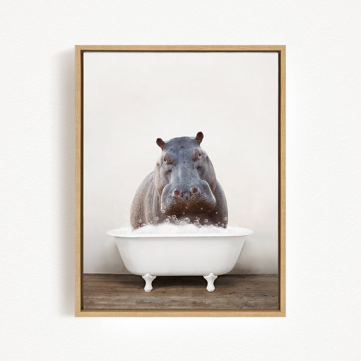 A hippopotamus is sitting in a white bathtub filled with water, creating a playful and whimsical scene.