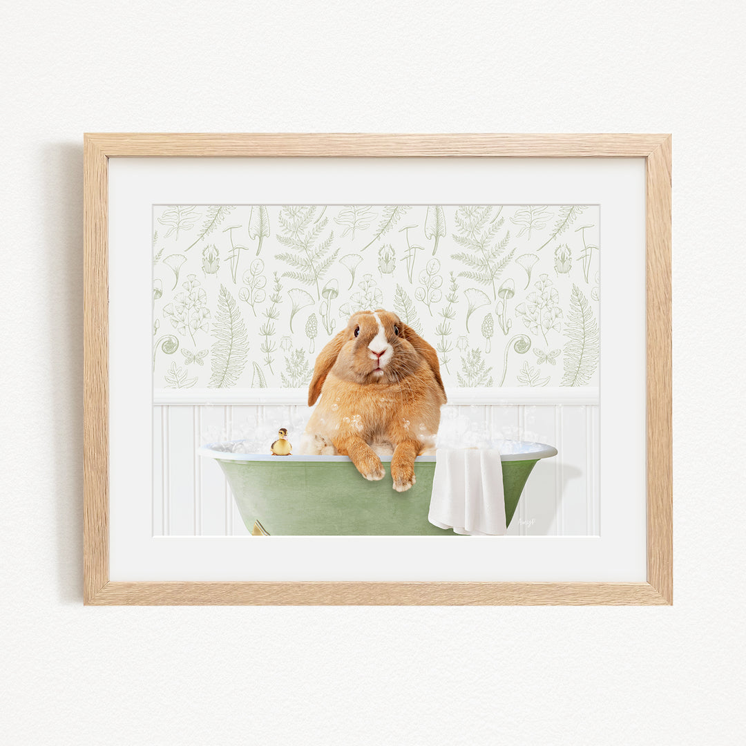 A brown rabbit sitting in a green bathtub filled with water, surrounded by a white towel and a small bird.