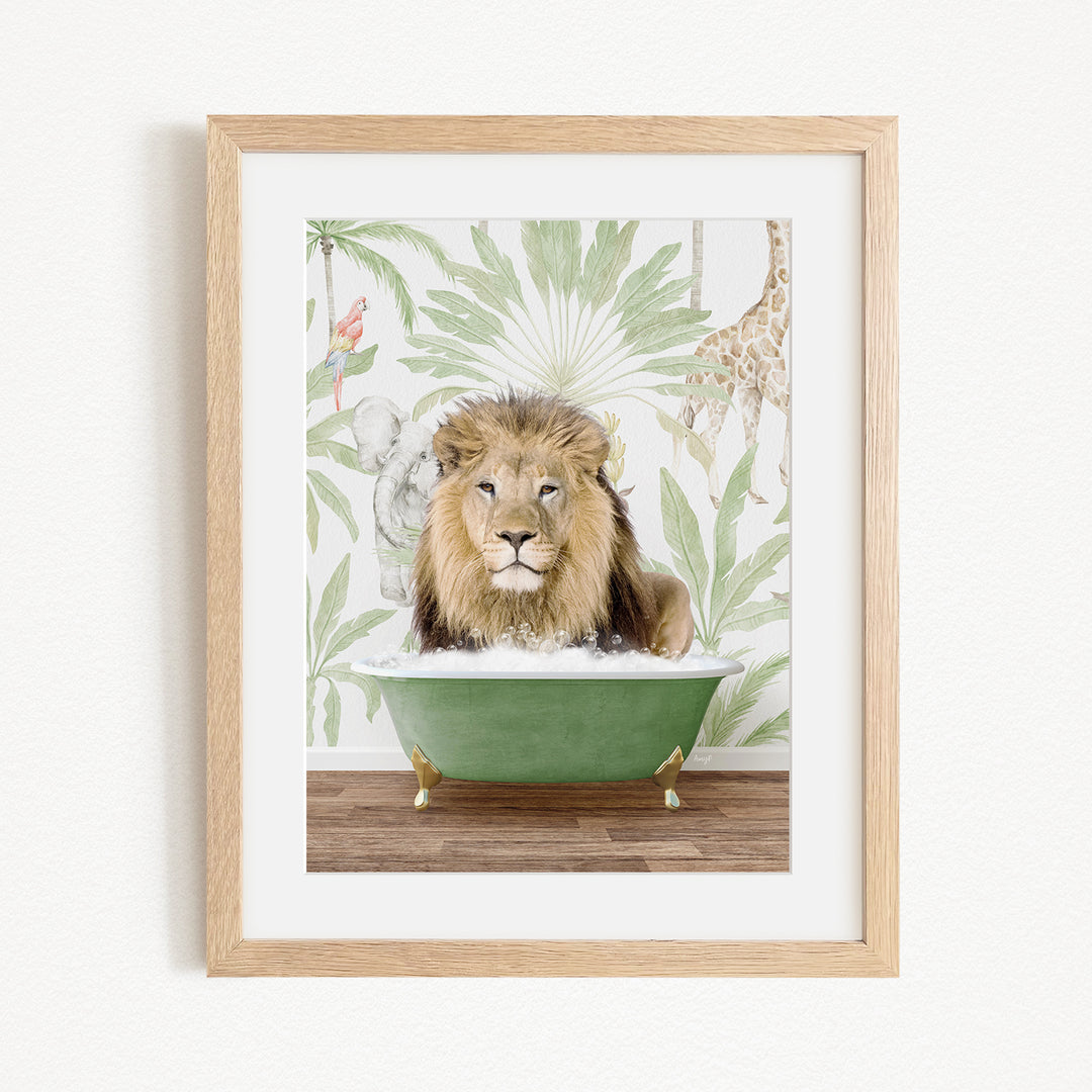 A framed image depicting a lion sitting in a green bathtub, surrounded by tropical foliage.