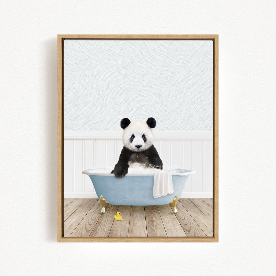 A panda bear sitting in a blue bathtub filled with bubbles, surrounded by rubber ducks.