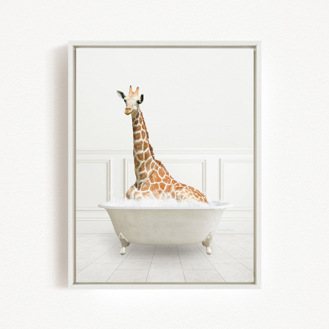 A giraffe sitting in a white bathtub filled with water, creating a whimsical and playful scene.