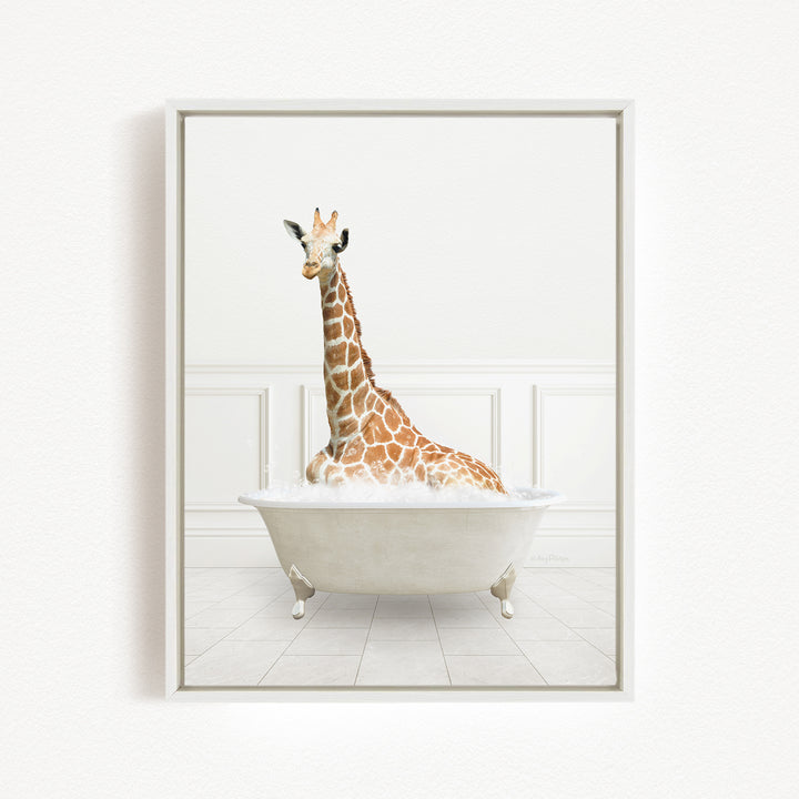 A giraffe sitting in a white bathtub filled with water, creating a whimsical and playful scene.