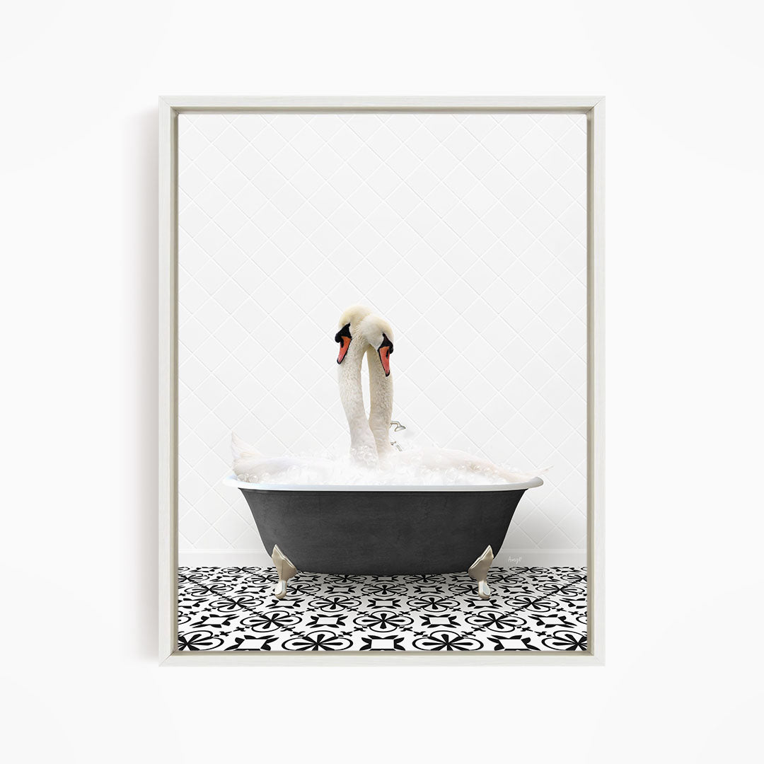 A pair of swans standing in a bathtub filled with bubbles, creating a whimsical and playful scene.
