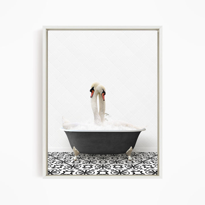 A pair of swans standing in a bathtub filled with bubbles, creating a whimsical and playful scene.
