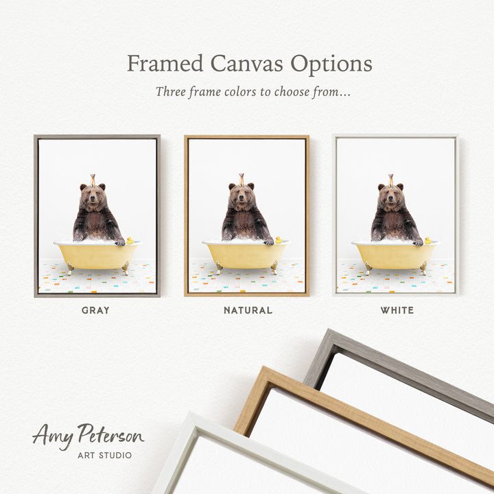 three framed canvas options, each featuring a bear sitting in a bathtub. The options include a gray frame, a natural frame, and a white frame.