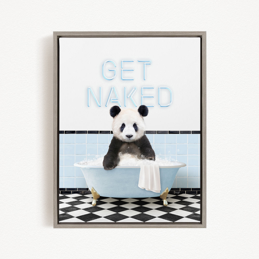 A panda bear sitting in a bathtub with the text "GET NAKED" displayed above it.