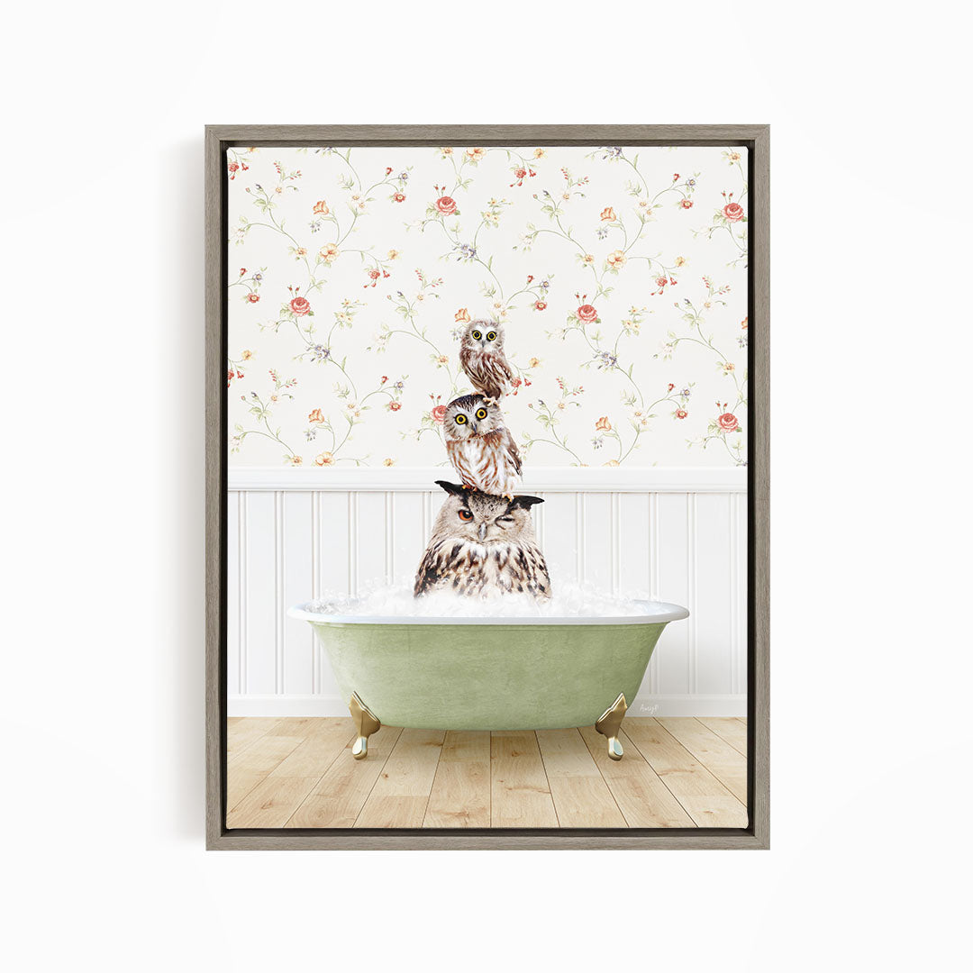 A framed image depicting three owls sitting in a green bathtub, with a floral wallpaper in the background.