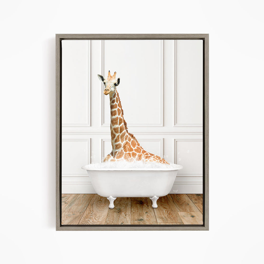 A giraffe sitting in a white bathtub filled with water, creating a whimsical and playful scene.