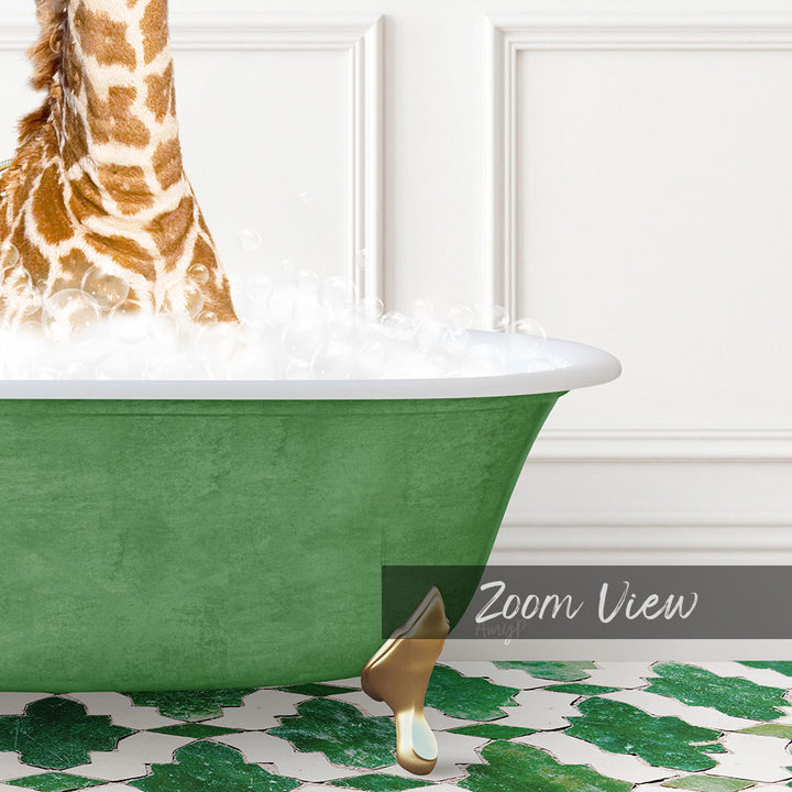 A giraffe standing in a green bathtub filled with bubbles, with a white wall and a patterned floor in the background.