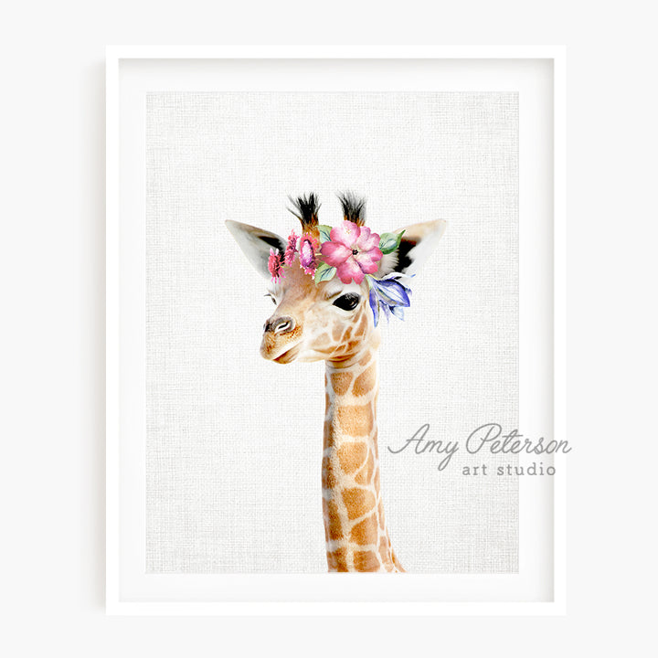 a giraffe with a flower crown on its head