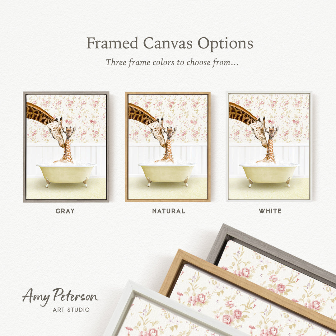 The image is a framed canvas option showcasing three different frame colors: gray, natural, and white. The canvas option is from Amy Peterson's Art Studio.