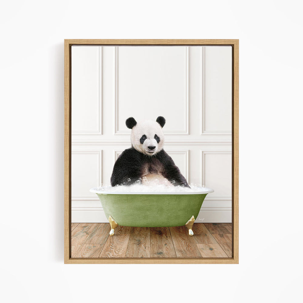 A panda bear sitting in a green bathtub filled with bubbles, creating a whimsical and playful scene.