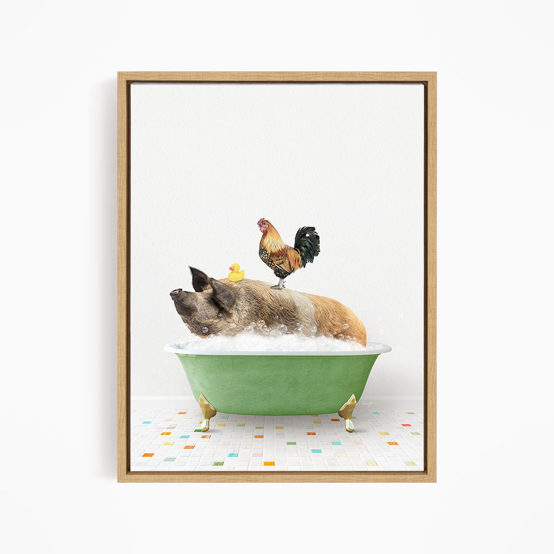 A pig is sitting in a green bathtub filled with water, with a rooster perched on its back and a yellow duck sitting on its belly.
