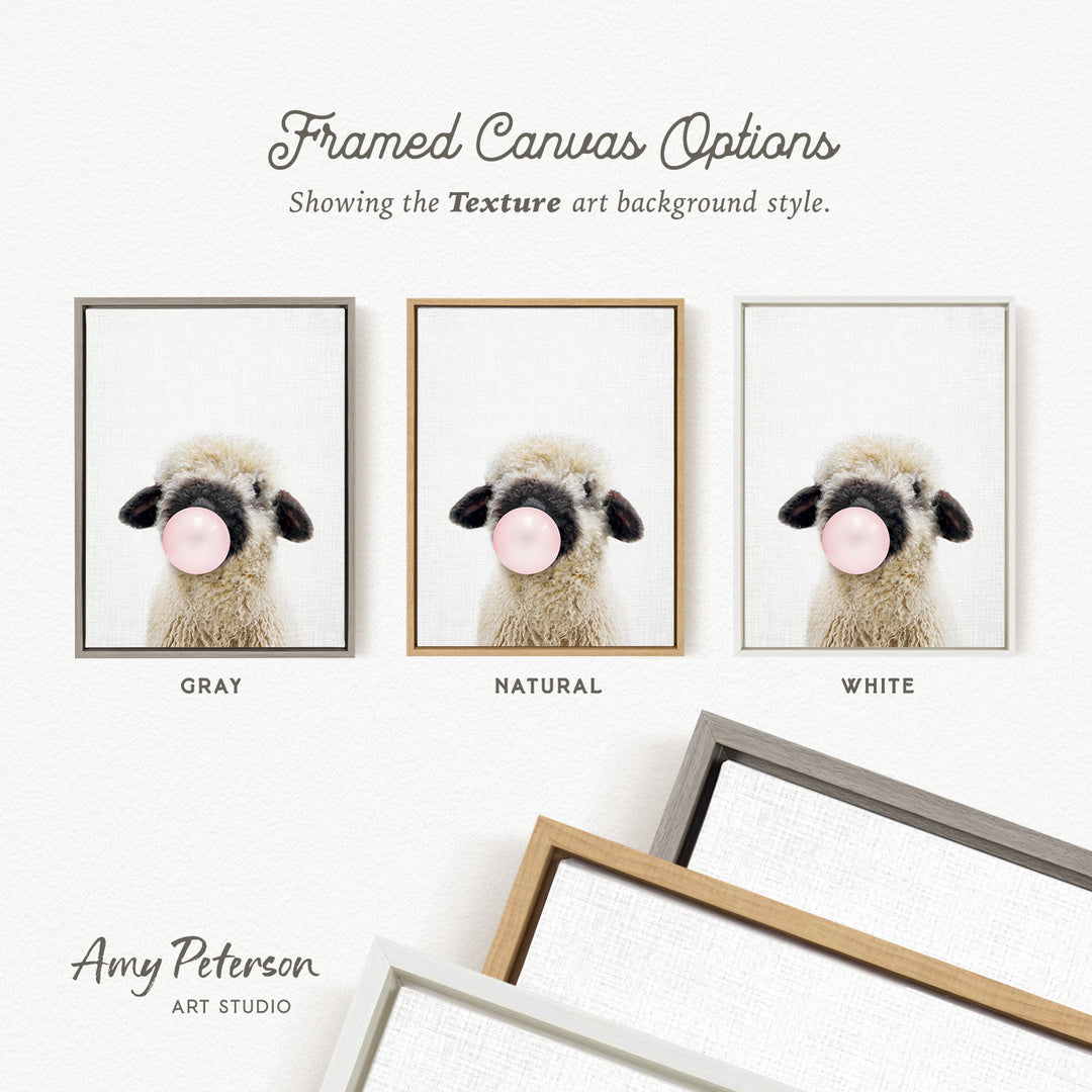 three framed canvas options, each with a different background color: gray, natural, and white. The text above the images reads " Framed Canvas Options" and "Showing the Texture art background style." The artist's name, Amy Peterson, is also mentioned at the bottom of the image.