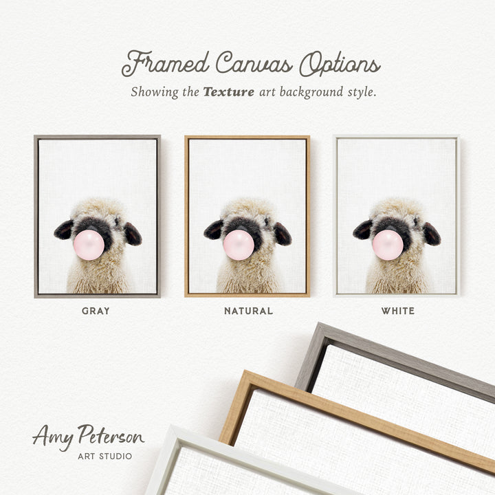 three framed canvas options, each with a different background color: gray, natural, and white. The text above the images reads " Framed Canvas Options" and "Showing the Texture art background style." The artist's name, Amy Peterson, is also mentioned at the bottom of the image.