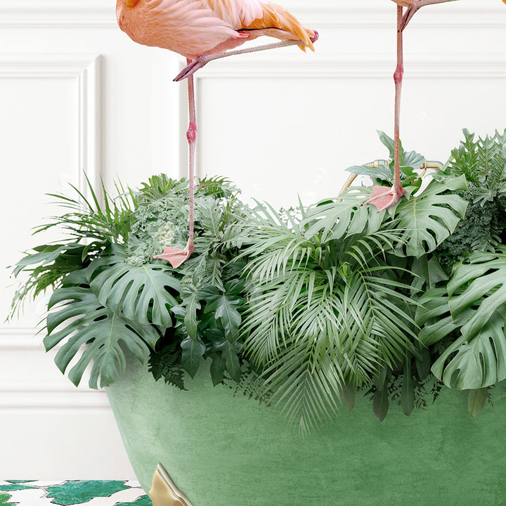 two pink flamingos standing on top of a green plant