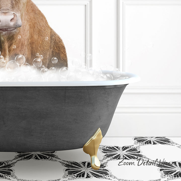 A brown dog is standing in a bathtub filled with bubbles, with a gold bathtub leg visible.