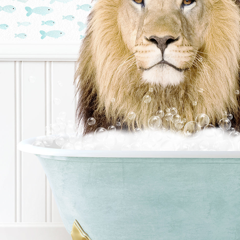 a lion is sitting in a bathtub with bubbles