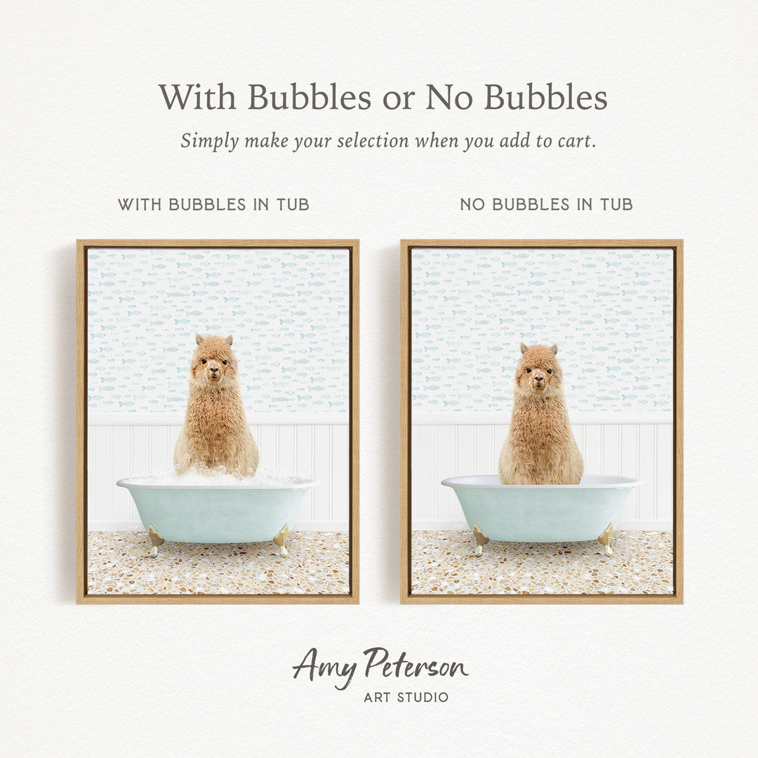 The image is a collage of two framed pictures, each featuring a small brown dog sitting in a bathtub. The text above the images reads "With Bubbles or No Bubbles" and below the images, it says "Simply make your selection when you add to cart."