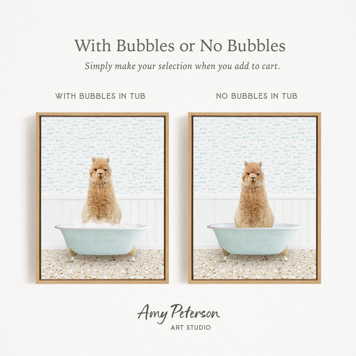 The image is a collage of two framed pictures, each featuring a small brown dog sitting in a bathtub. The text above the images reads "With Bubbles or No Bubbles" and below the images, it says "Simply make your selection when you add to cart."