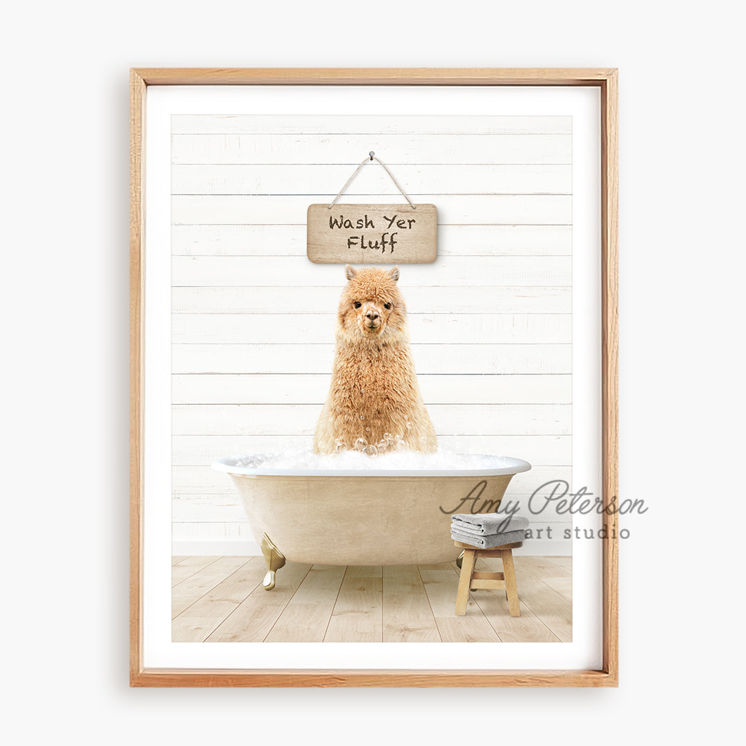 a dog sitting in a bathtub with a sign above it