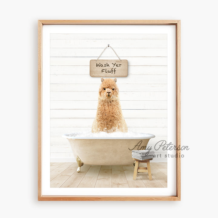 a dog sitting in a bathtub with a sign above it