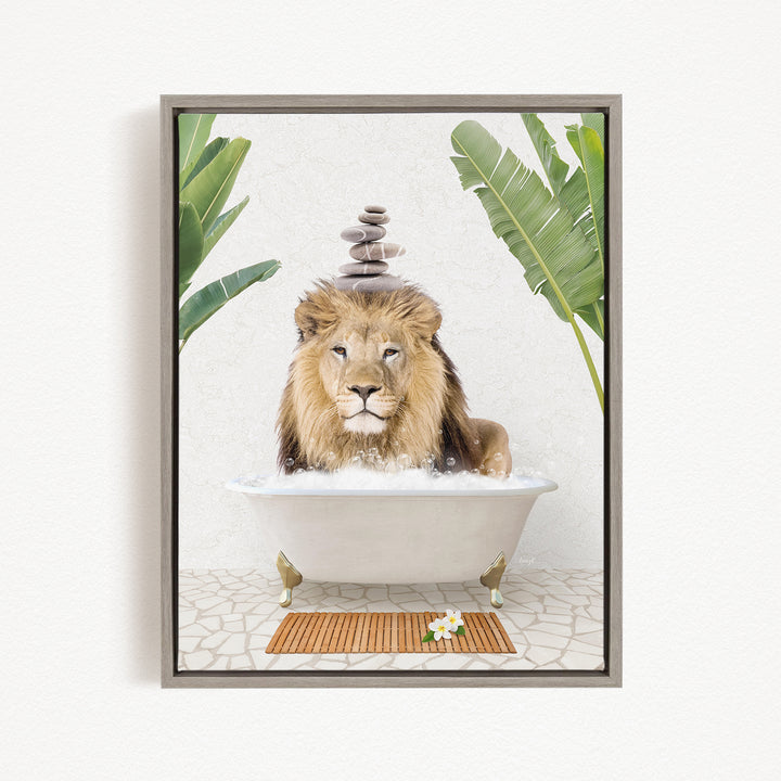 A lion is sitting in a bathtub filled with water, surrounded by palm leaves, creating a whimsical and playful scene.