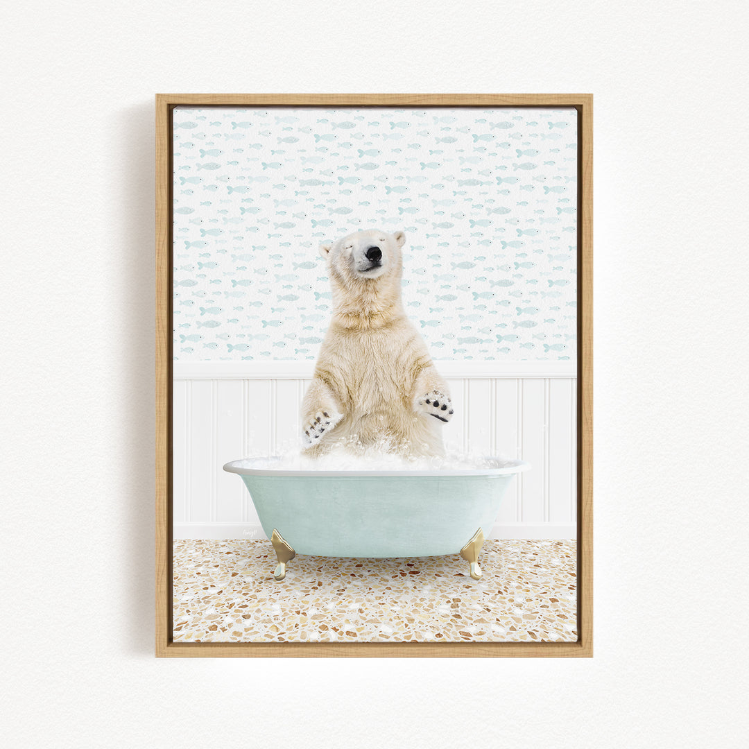 A polar bear standing in a bathtub filled with water, surrounded by a patterned wall.