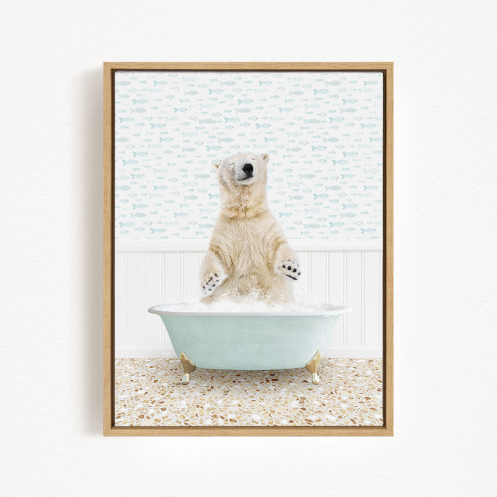 A polar bear standing in a bathtub filled with water, surrounded by a patterned wall.