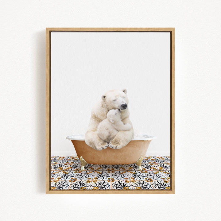 A polar bear sitting in a bathtub, with another polar bear resting on its lap, creating a heartwarming scene.