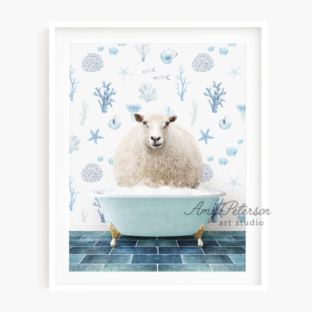 a sheep is sitting in a bath tub