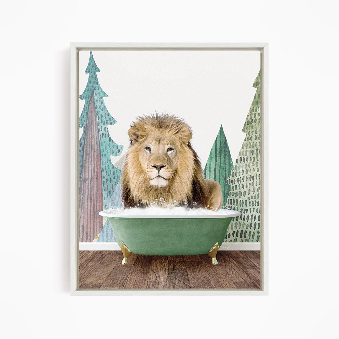 A lion is sitting in a green bathtub, surrounded by trees and a forest-like background.