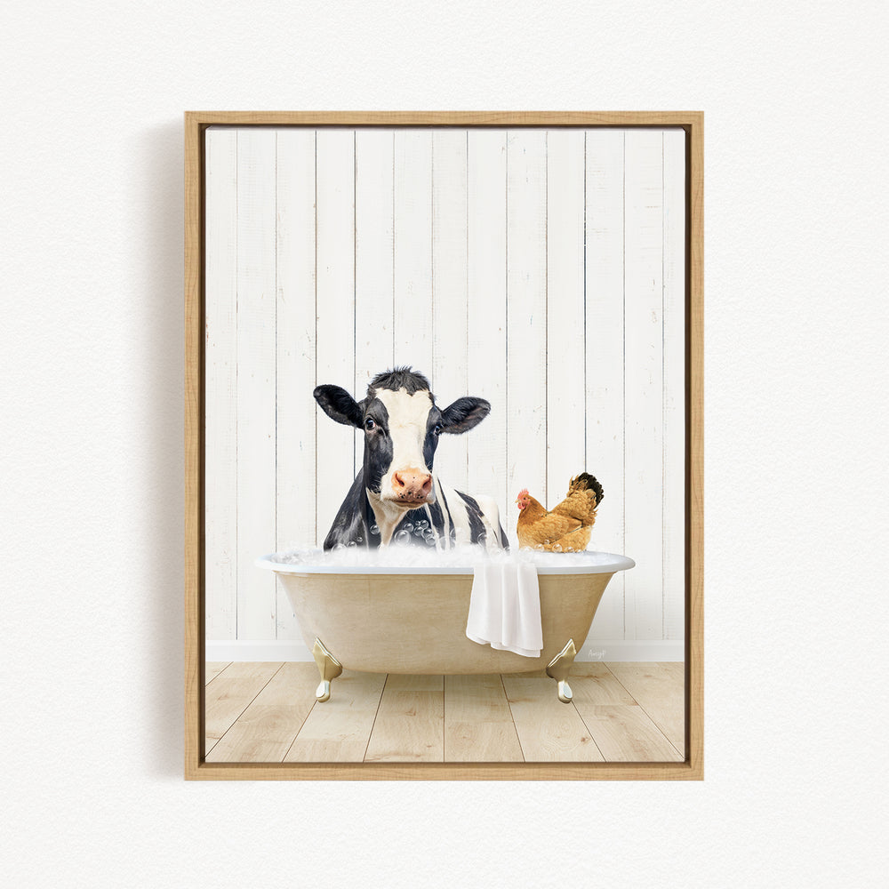 A black and white cow is sitting in a bathtub filled with water, with a chicken nearby, in a white wooden wall.