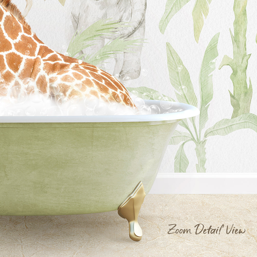 A giraffe is sitting in a green bathtub filled with water, surrounded by a tropical plant wallpaper.