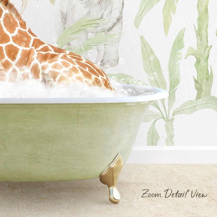 A giraffe is sitting in a green bathtub filled with water, surrounded by a tropical plant wallpaper.